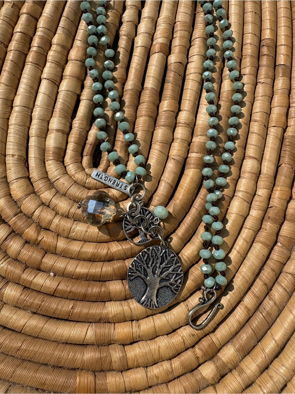 Lily Necklace ~ Aqua Mint Green Beaded Necklace with Tree of Life Pendant